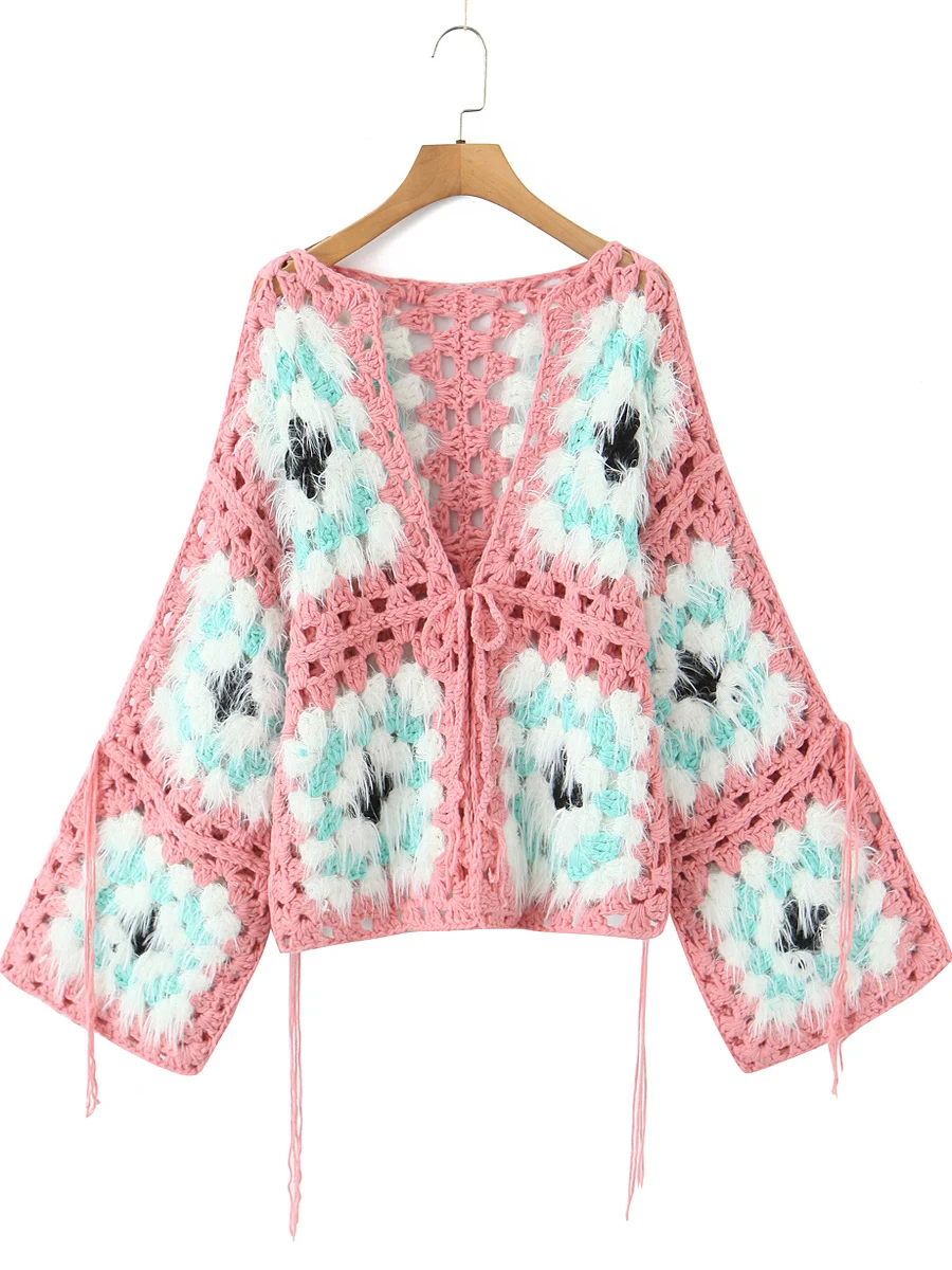 

Handmade Vintage Wrap Cardigan andmother Plaid Loose Knitted Sweater Holiday Outerwear Women's Faion Autumn Warmth V-Ne