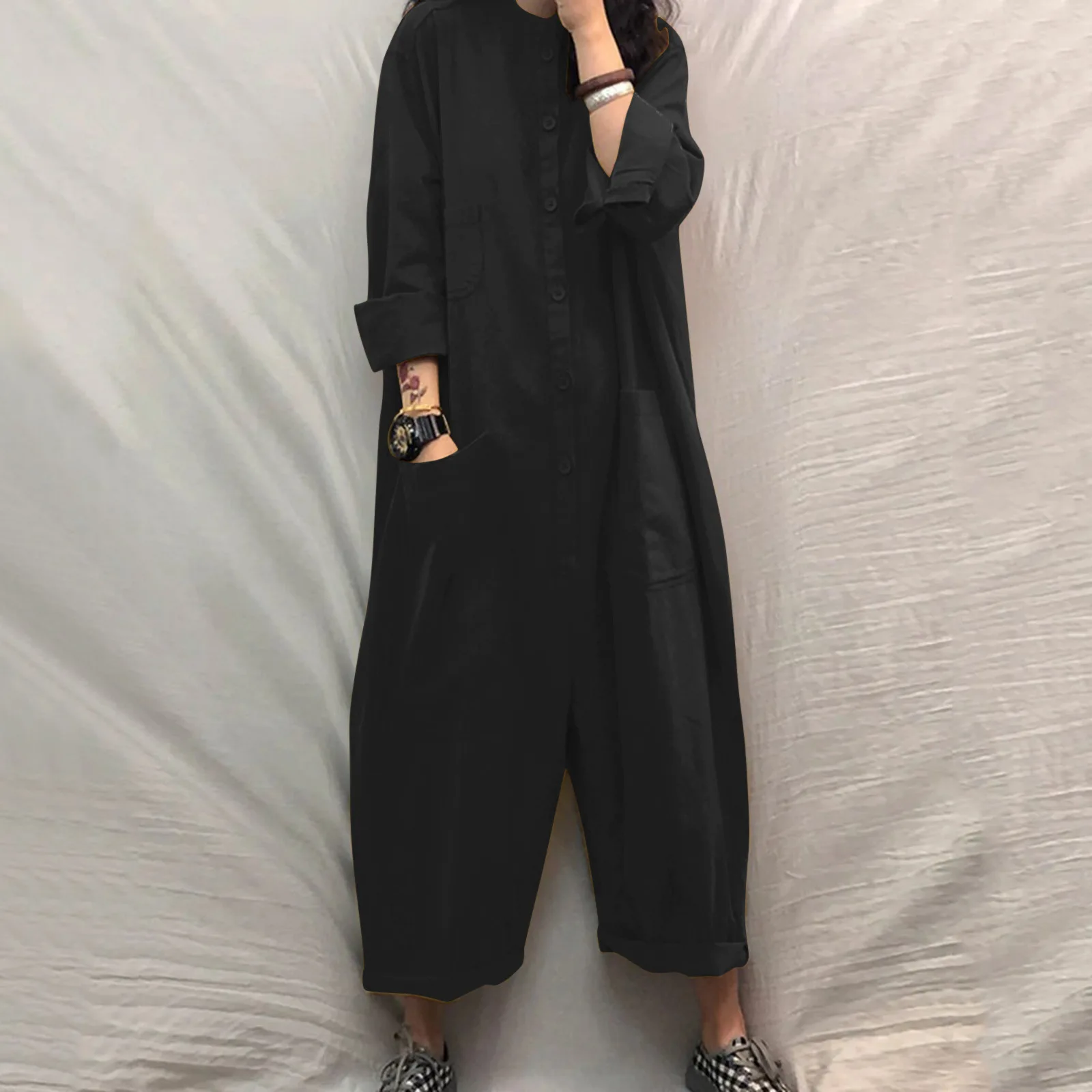 Jumpsuits women 2026 rompers multi-pocket solid color button open stitch pocket long sleeve jumpsuits women's clothing