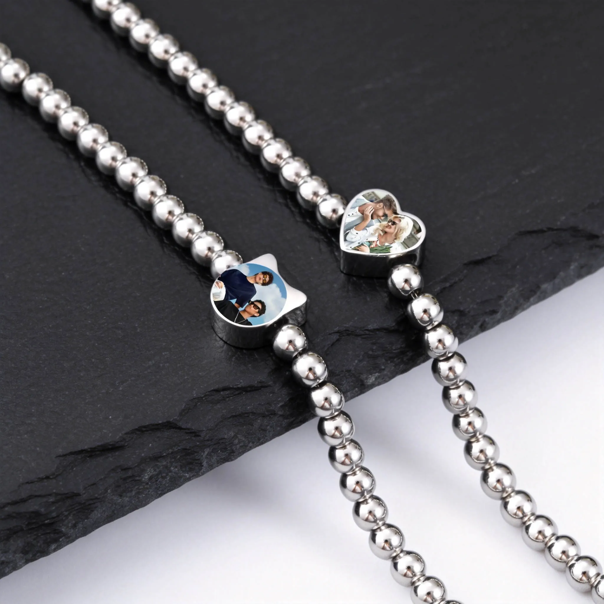 Personalisierte Foto-Armbänder für Männer, Frauen und Paare, Verstellbares Edelstahl-Metallperlen-Armband, Trendiges Schmuckgeschenk – Detail 3