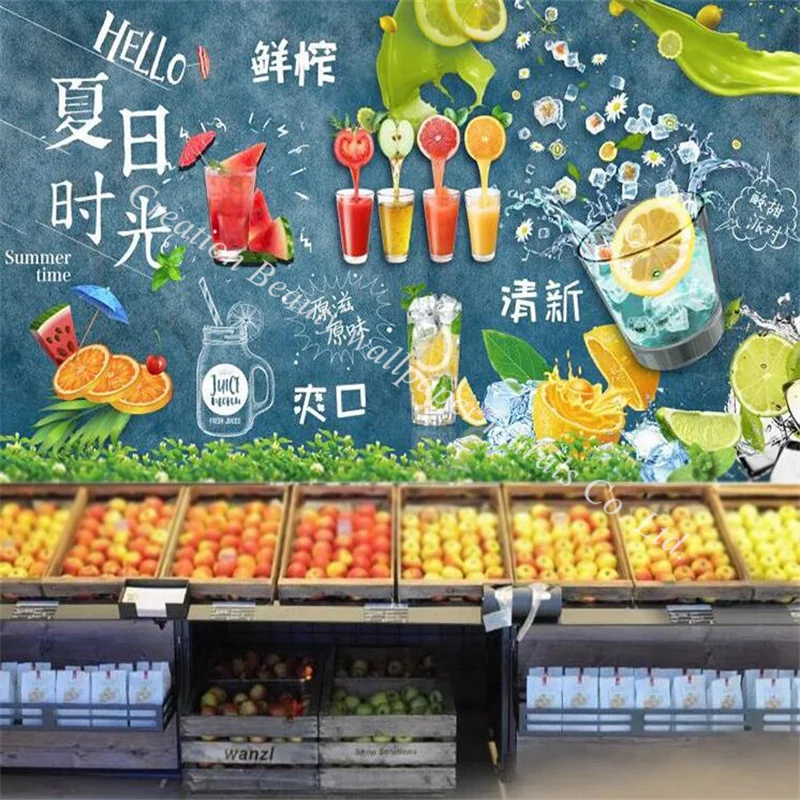 Custom Fresh Juice Summer Time Theme Background 3d Mural Wallpaper for Milk Tea Shop Cold Drinking Restaurant Wall Paper