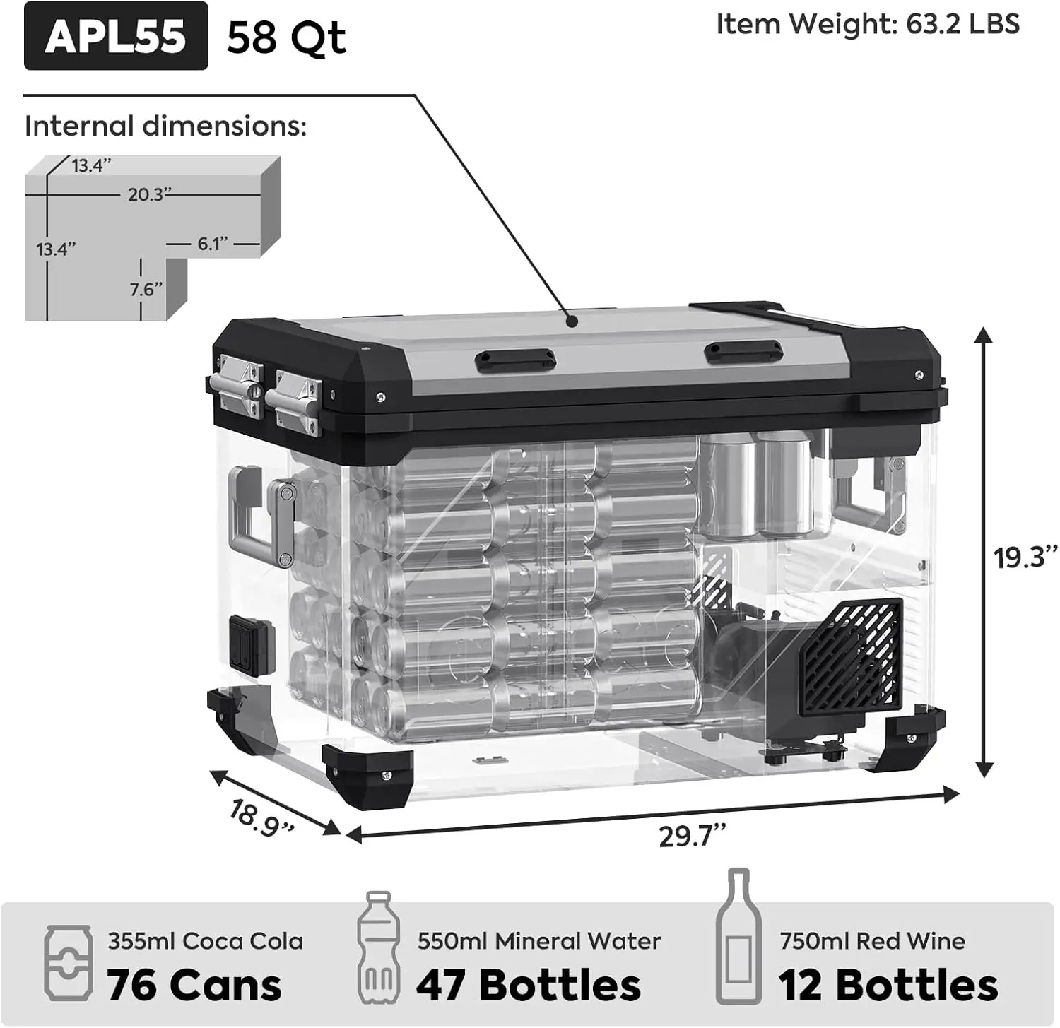 APL55 Dual Zone Portable Refrigerator Bluetooth Controlled, 55 Liter 12v refrigerator with SECOP Compressor, DC 12/24V, AC