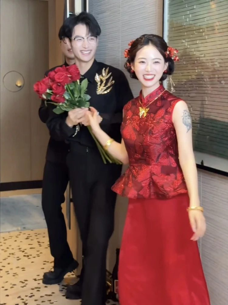 

New Chinese Sle Wedding Dr Red Wine Color Evening Gown Return Home Casual Dr Code High Waist Slim Fit Long ...