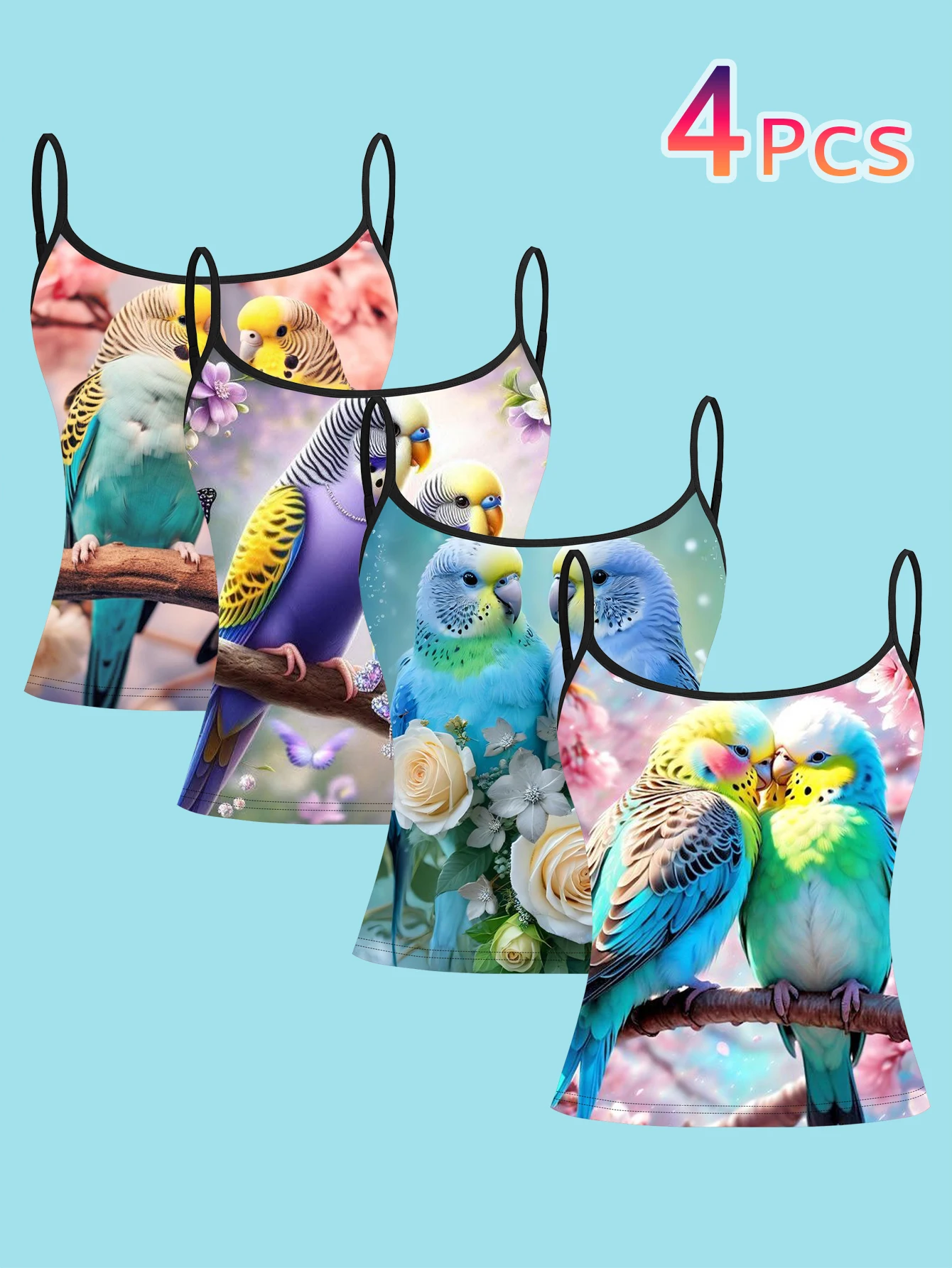 4-Piece Set of Macaron-Colored Couple's Parakeet Suspenders Set, Floral Bird Print Women's Spaghetti Strap Inner Top