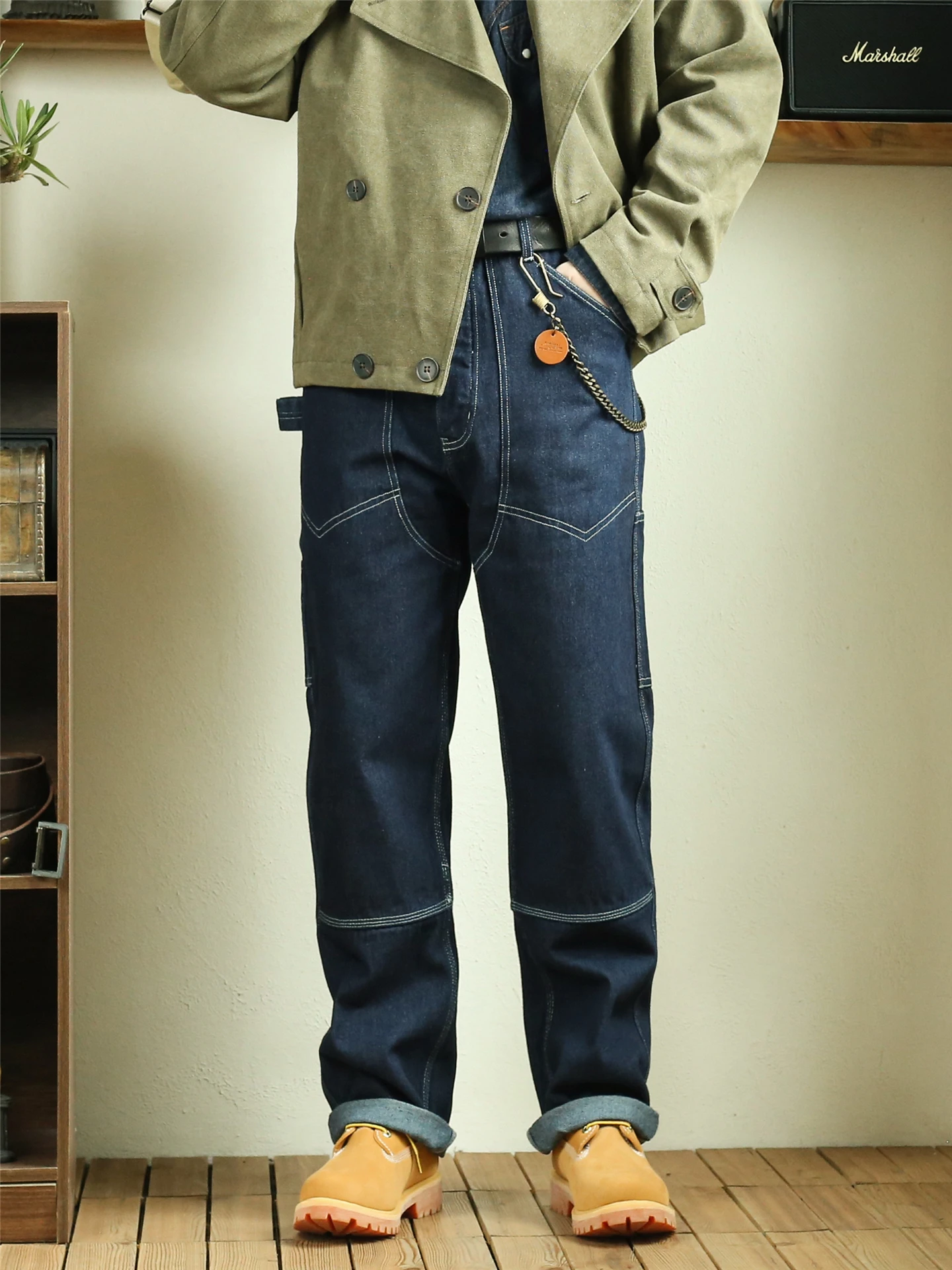 

Retro American White Denim Jeans Striped Men's Straight Motorcycle Workwear Long Trousers Autumn Winter mid Waist Cotton