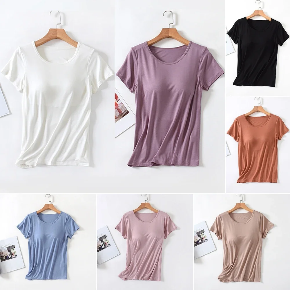 Modal Fabric with Chest Pad T-Shirt Women's Solid Color Bra One Short Sleeve Pajamas Summer Half Sleeve Women's Base Shirt