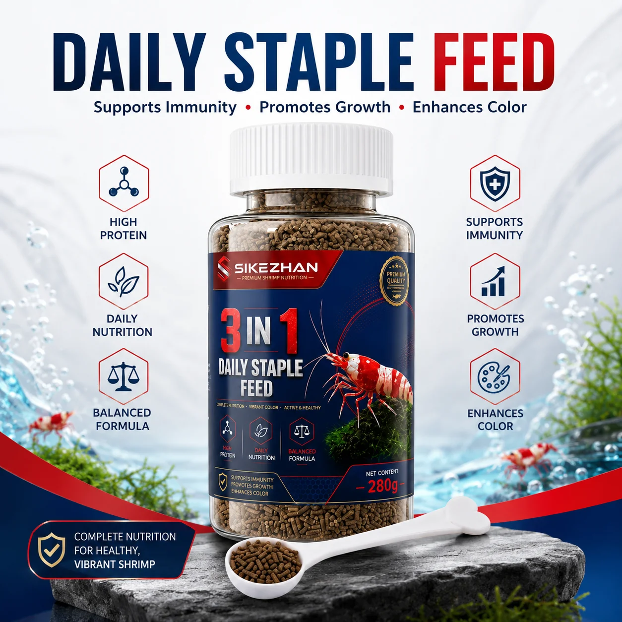 Premium Garnelenfutter-Pellets 280g 3-in-1 Tägliche Nährstoffe für Cherry Crystal Amano und Andere Süßwasser-Aquariumgarnelen
