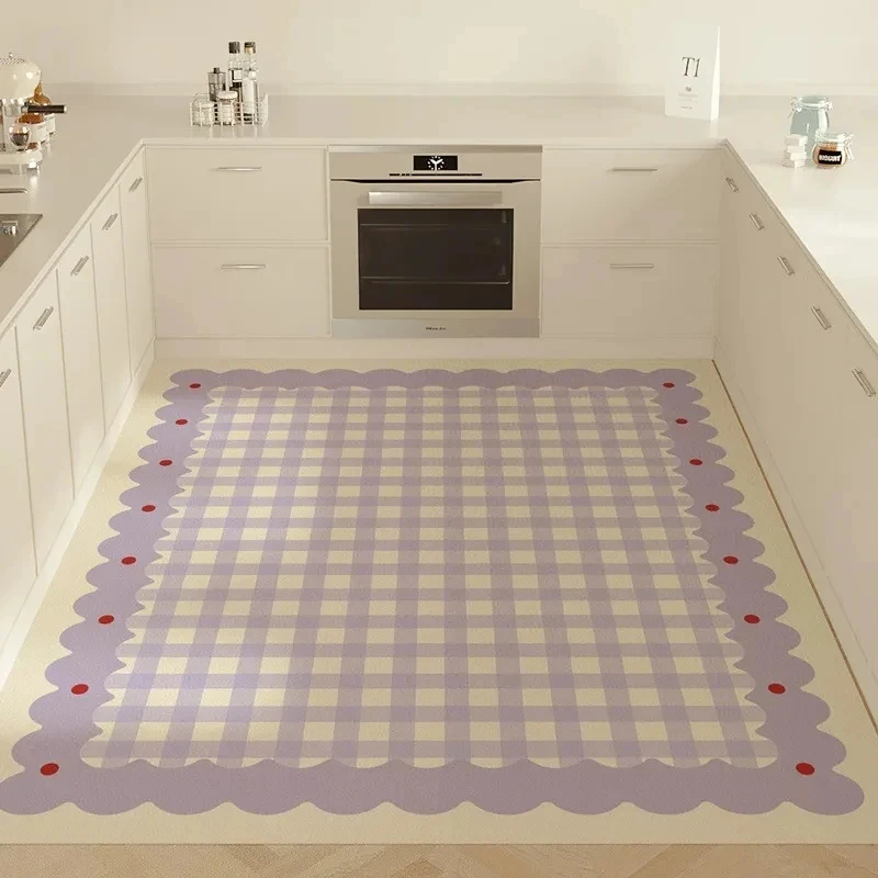 VIKAMA Pink White Checkered Kitchen Rug Fresh Green Border Waterproof Oil Proof Non Slip Large Kitchen Floor Mat
