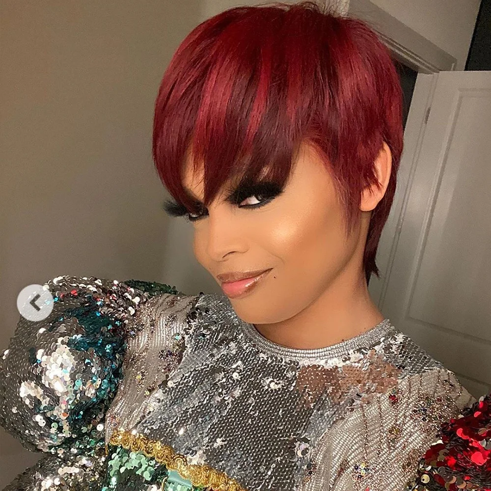 باروكات قصيرة بقص عابث للنساء ذوات البشرة السمراء، باروكة من شعر بشري ريمي بورجوندي مع غرة مصنوعة آليًا للاستخدام اليومي #1