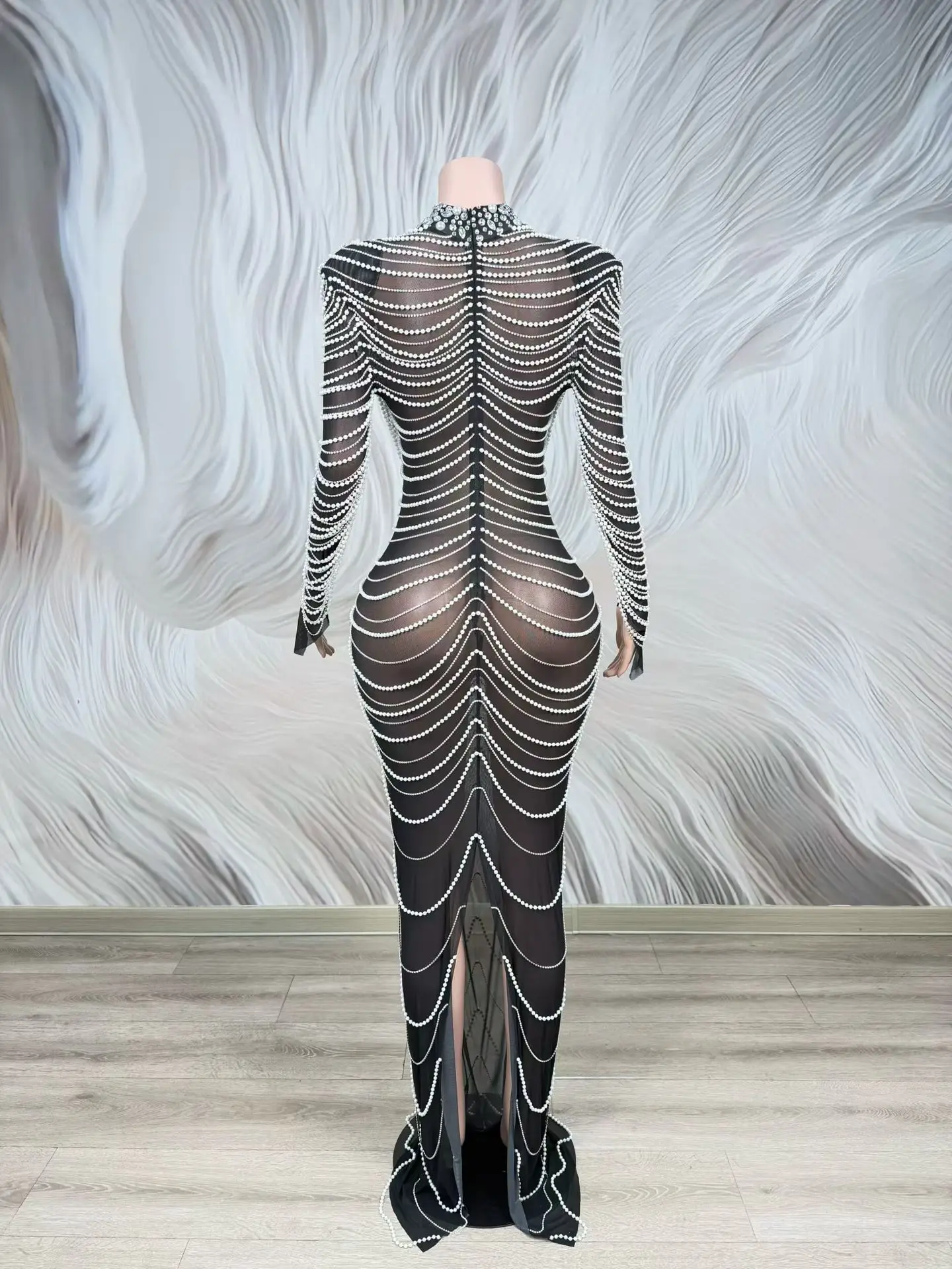 Xuanwo Luxury Silver Rhinestone Black Mesh Long Sleeve Mermaid Dress Formal Evening Wedding Photoshoot Gown