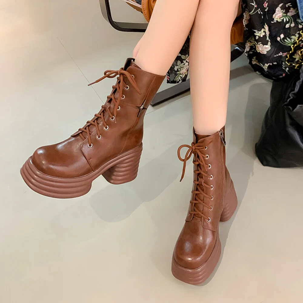 Brown Short Boots Women Genuine Leather Platform Chunky Heel Ankle Boots Fashion Gothic Style Modern Boots High Heels Shoes