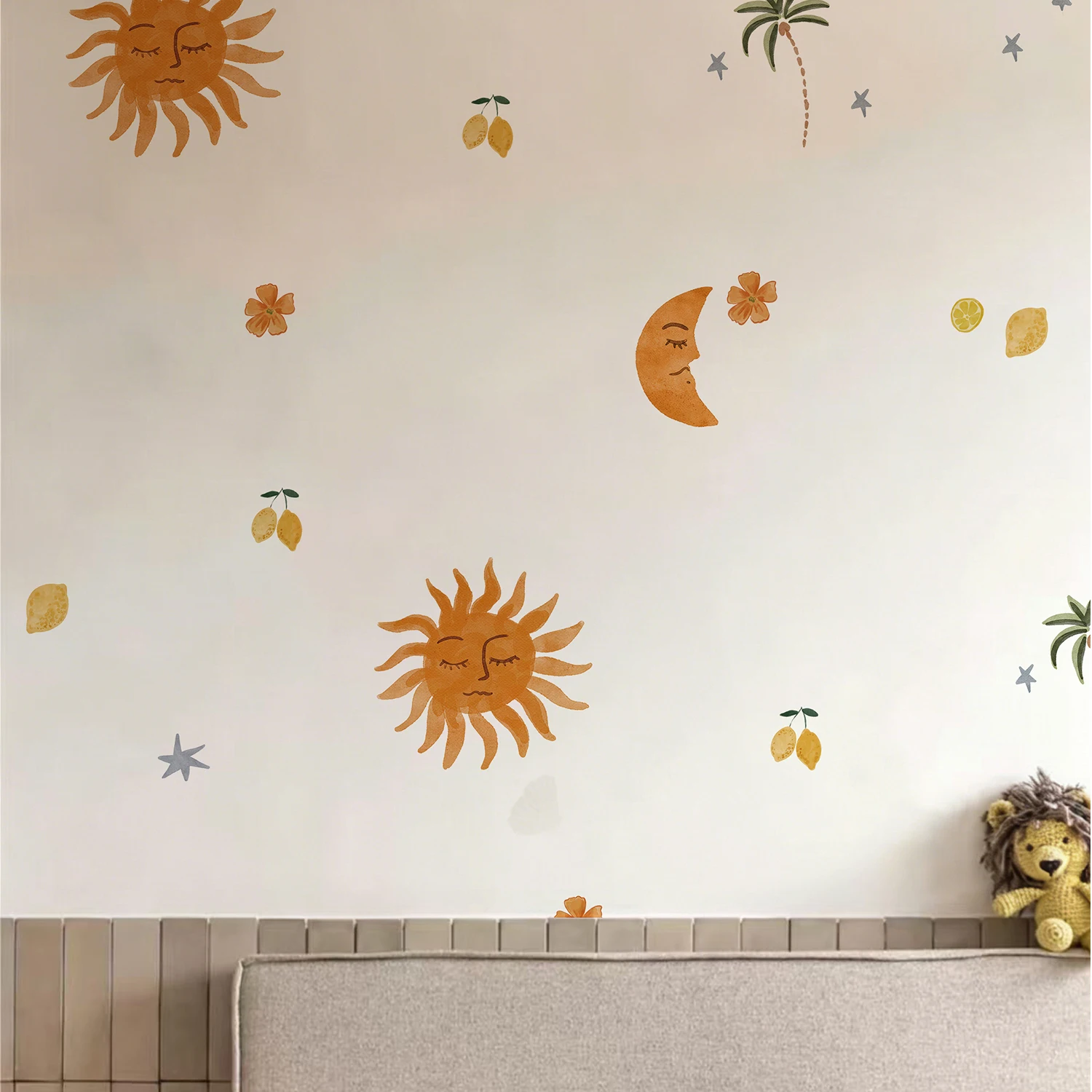 Watercolor Sun Moon Palm Tree Wall Stickers PVC Self-adhesive Decals Kids Room Bedroom Playroom Nursery Wall Mural Art Decor