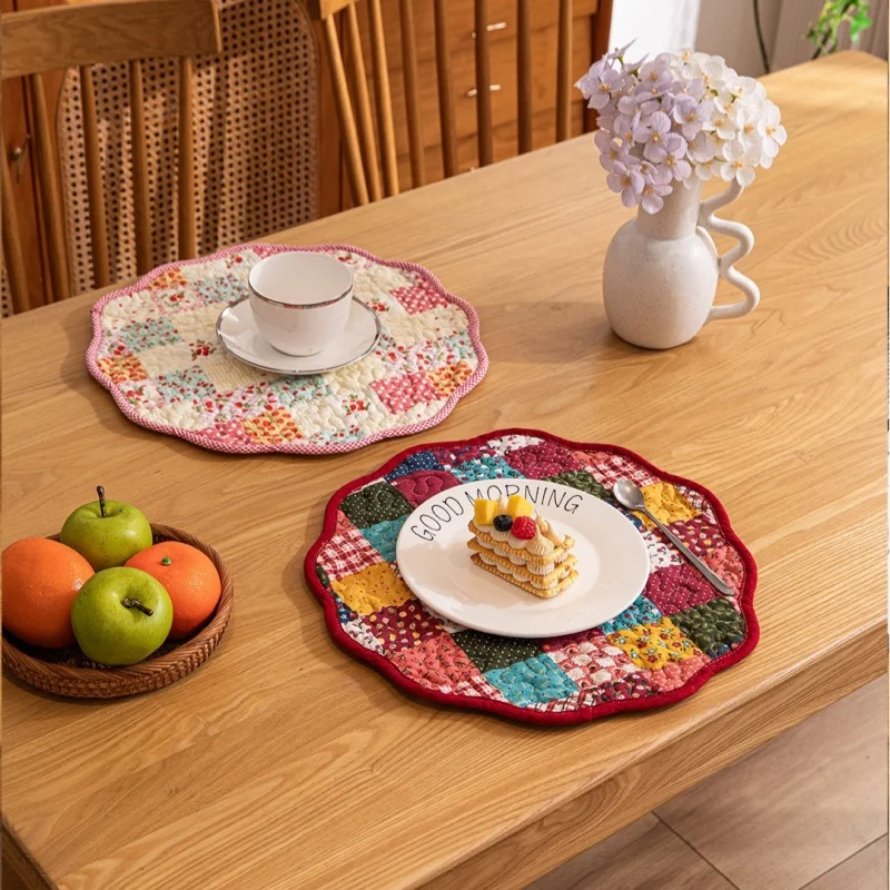 2PCS Rural Style Circular Quilted Placemats for Home Dinner Mats, Birthday and Holiday Tabletop Decoration