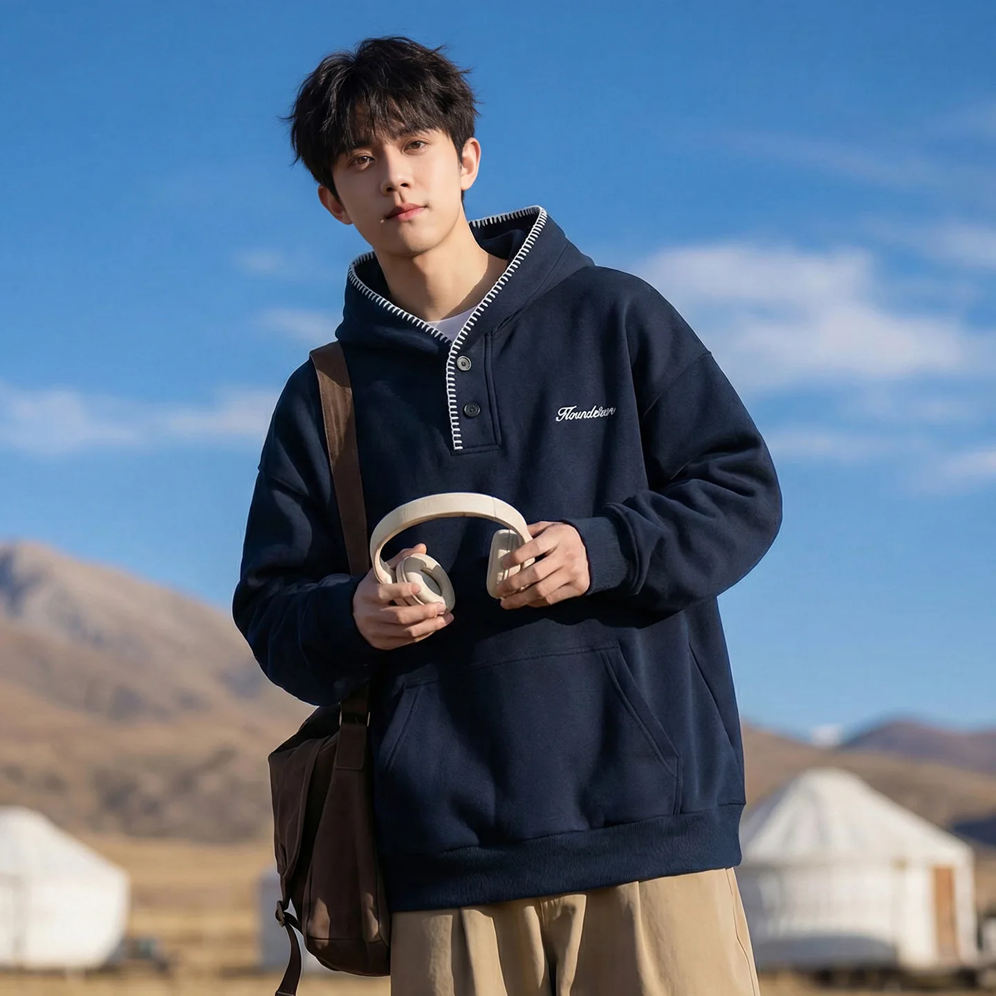 

Мужское худи TFETTERS 2026: Новинка весенней коллекции, уличный стиль, контрастная строчка, плотный материал, оверсайз