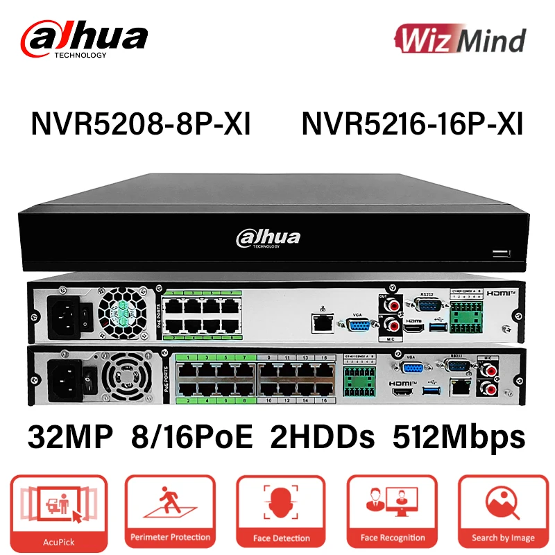 Dahua WizMind NVR 8CH 16CH PoE 4K Smart Ai Video Recorder NVR5208-8P-XI NVR5216-16P-XI H.265+ EPTZ ANPR Supports RS-232 RS-485