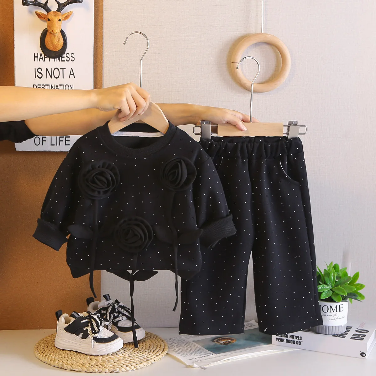 2026 New Korean Baby Girl Clothes 2 Piece Set Toddler Girl Rose Decor Sweatshirt and Ribbon Tie Pants Kids Cute Princess Outfits