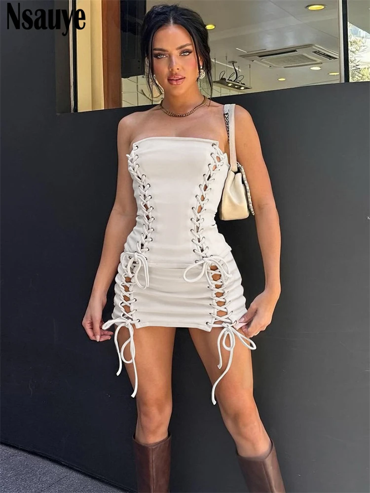 

Nsauye женский ночной клуб сексуальный бандажный обтягивающий укороченный топ Y2K мини-юбка с открытой спиной и высокой талией модная уличная одежда комплект из двух предметов 2025