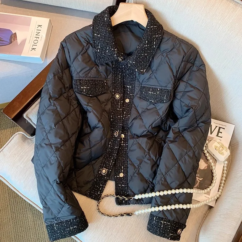 Black Quilted Cotton Jacket Women's Winter Lightweight Diamond Pattern Fashionable Design Casual Loose Fit Long Sleeve Coat