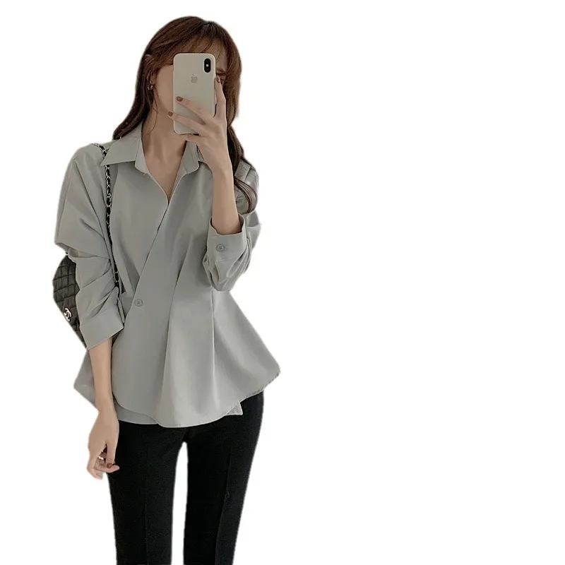 Chic Korea Clothes Vintage Tops Blusas Fashion Women Solid Long Sleeve Girls One Button Basic Shirt