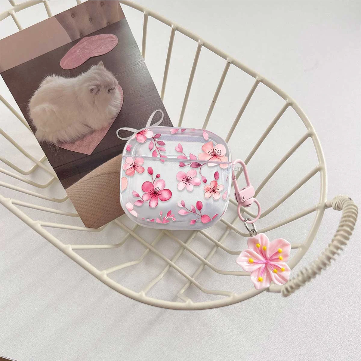 Cute Pink Flowers  TPU Earphone Case For Airpods 4/3/2/1 Cover For Airpods Pro3/Pro2/Pro Protective Case with Keychain