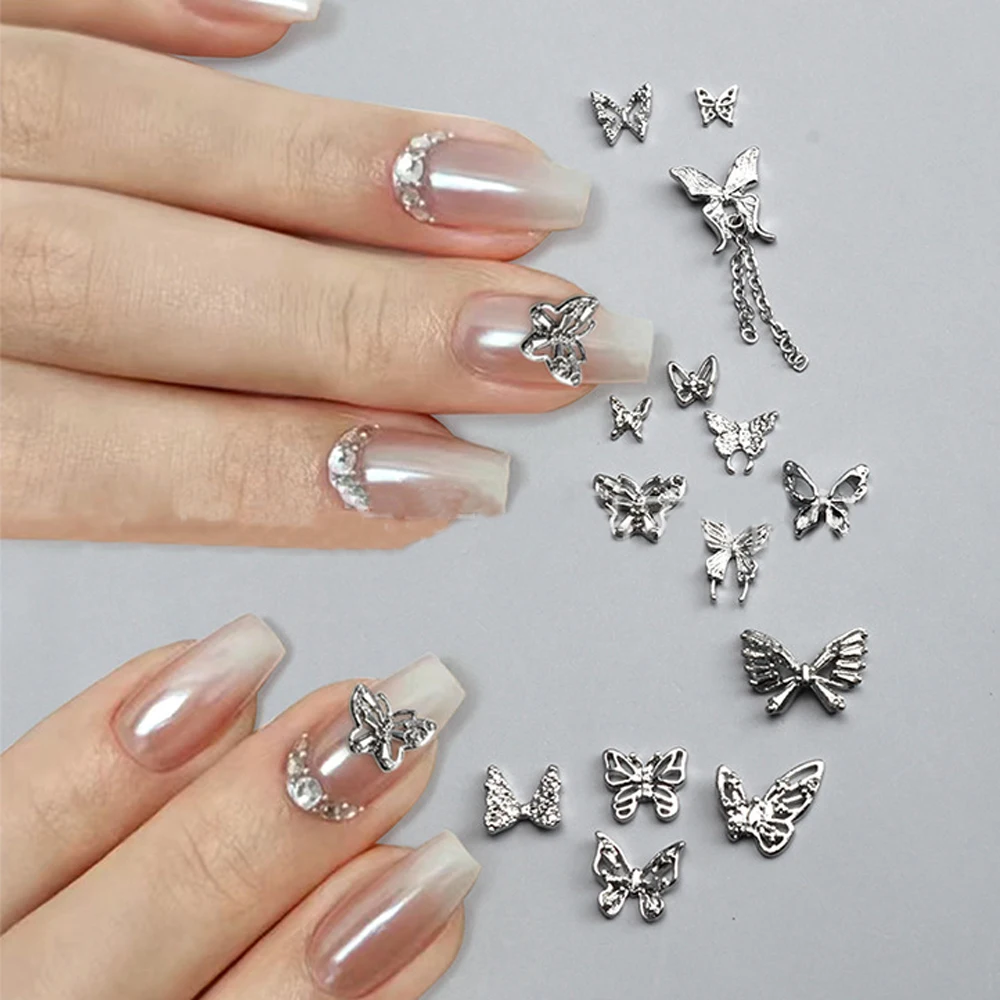 10Pcs Dim Silver Butterflies Nail Charms 3D Alloy Mini Hollow Butterfly Chain Nail Art Decoration Cute DIY Manicure Accessories