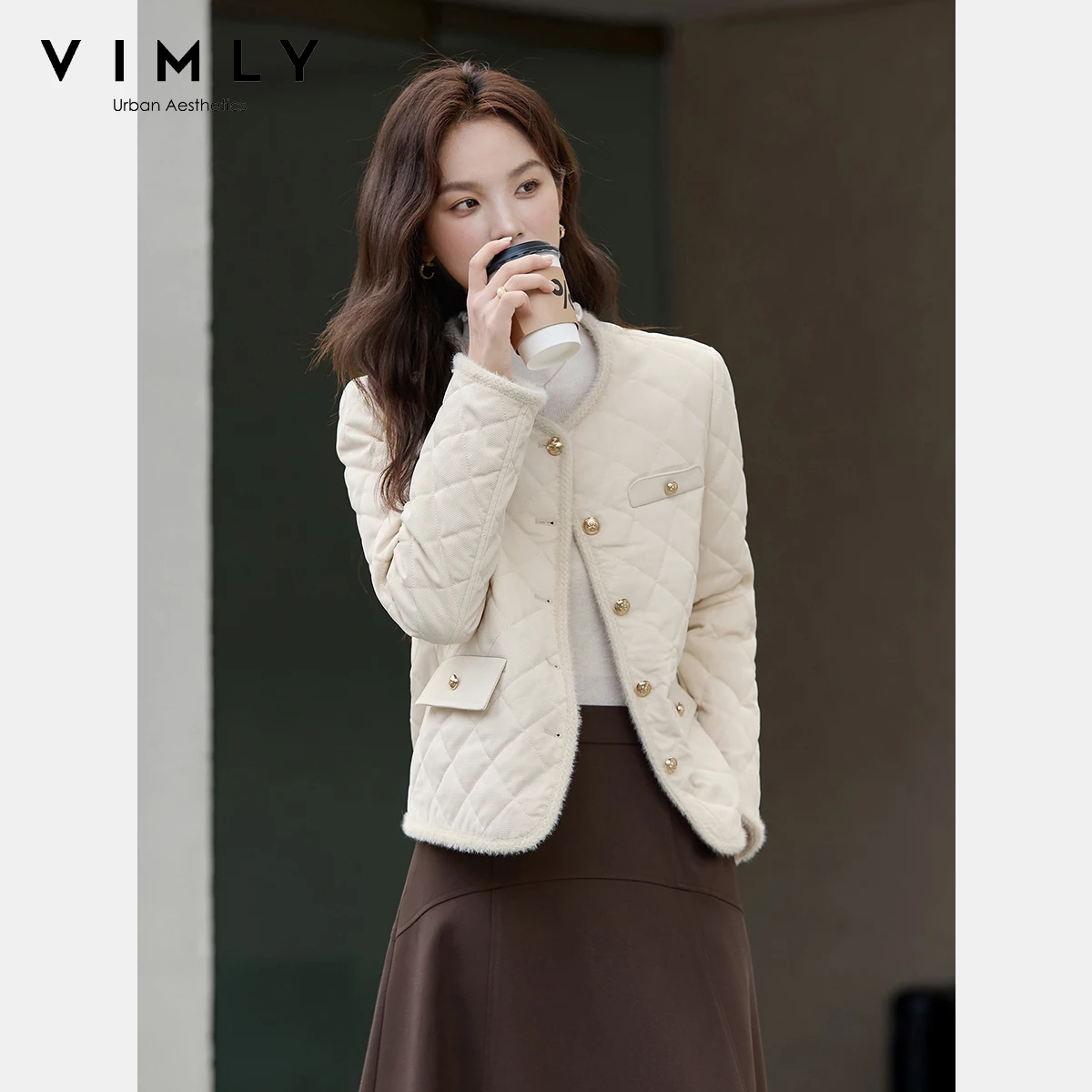 

VIMLY Apricot 2025 Women's Short Puffer Jacket Elegant Tweed Cotton Coat Casual Loose Frayed Trim Quilted Winter Outerwear A2981