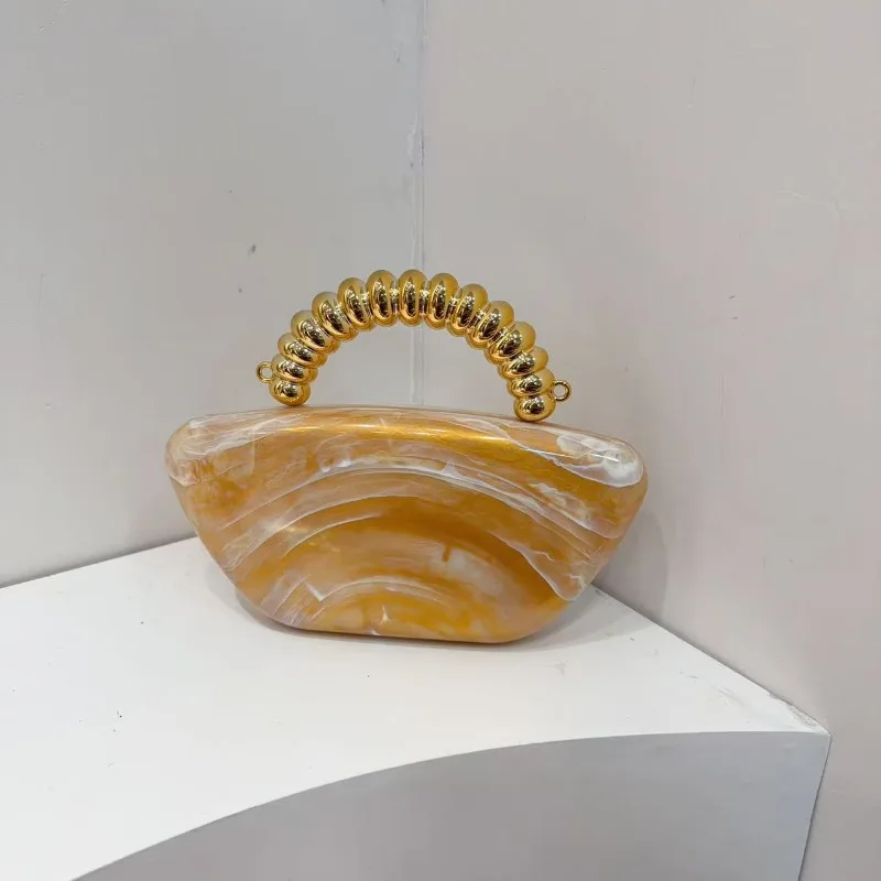 1pcs Acrylic Swirl Pattern Clutch Bag, Elegant Orange Handbag with Gold Coil Handle
