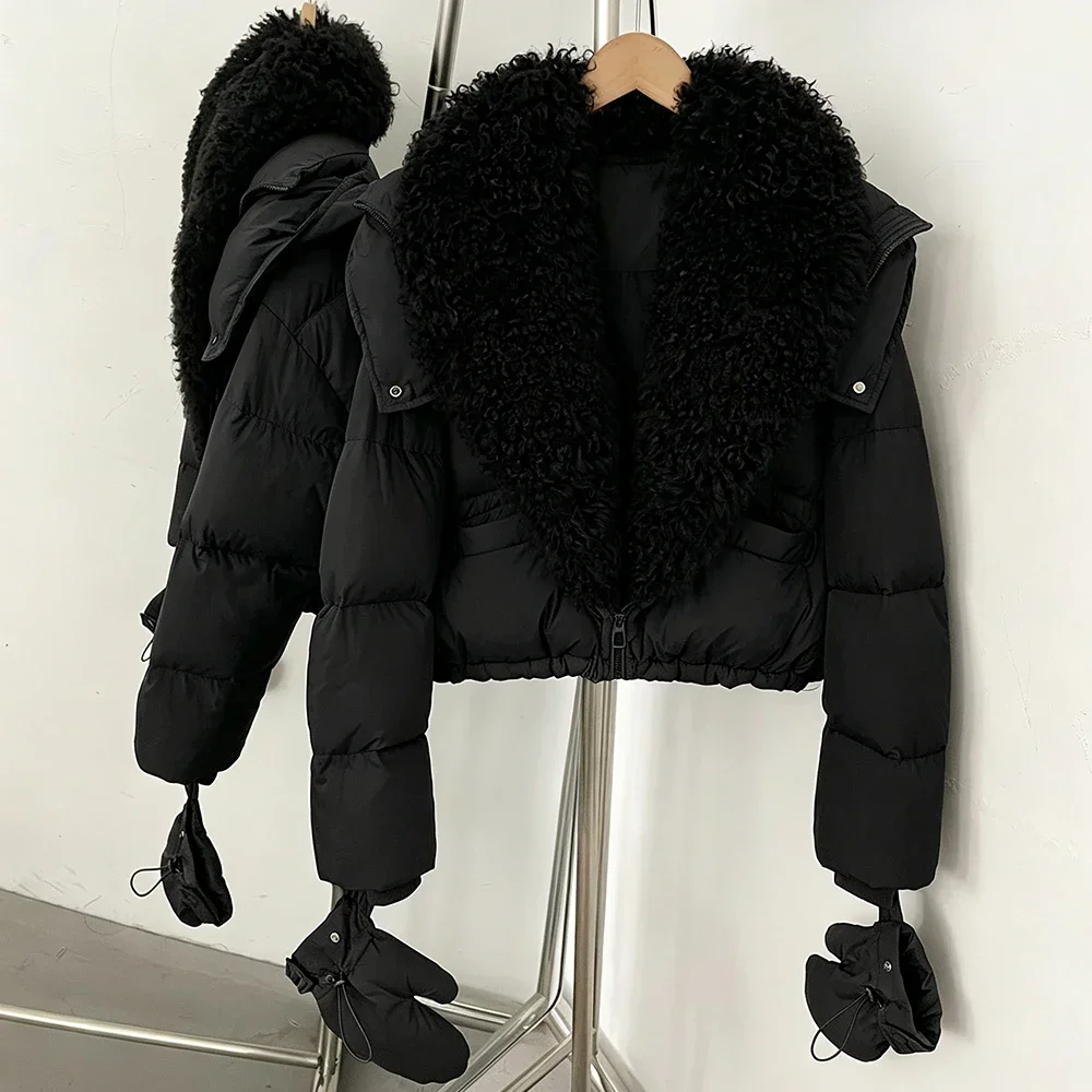 OFTBUY Neue Kapuzen-Winterjacke für Damen mit Echtem Lammfell, Entendaunen, Kurzer Echtfell-Puffermantel mit Abnehmbaren Handschuhen – Detail 8
