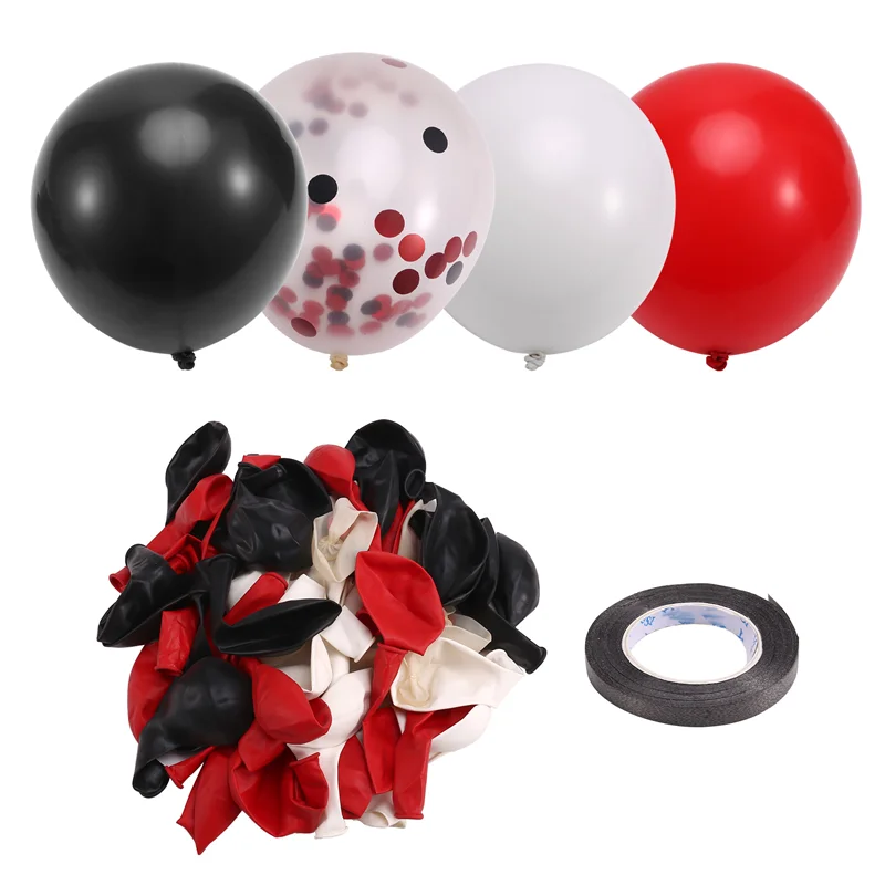 F-3C Red And Black Balloons, 67Pcs 12 Inch Black White Red Confetti Gathering Balloons With Ribbons For Birthday, Wedding