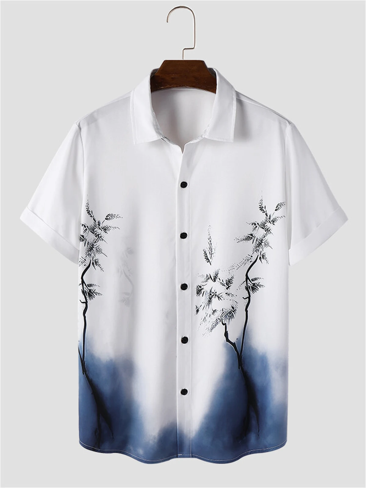 Chinese ink style print men\'s shirt Hawaiian beach casual men\'s lapel top large size comfortable men\'s short-sleeved shirt