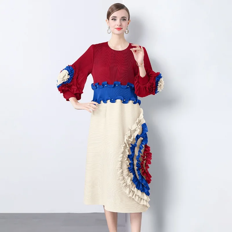 

Miyake Fold 2025 Autumn/Winter New Color Contrasting Foreign Trade Dress Fold Splicing Nail Bead 3D Hand Cranked Flower Skirt