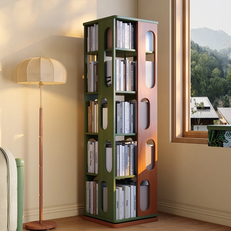 

Solid wood retro bookcase 360 degree rotating bookshelf living room Internet celebrity floor multi-layer storage shelf