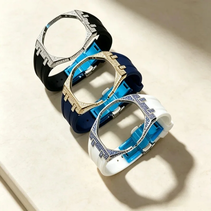 Silver Moissanite‑Style Stainless Steel Mod Case Kit, Multi‑Color Free‑Match Silicone Strap for Swatch Royal Pop twelve o'clock