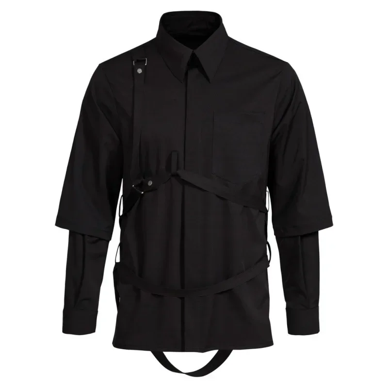 

2023 Spring New Men's Fake Two Piece Shirts Dark Trend Strap Show Style Double Sleeve Shirt