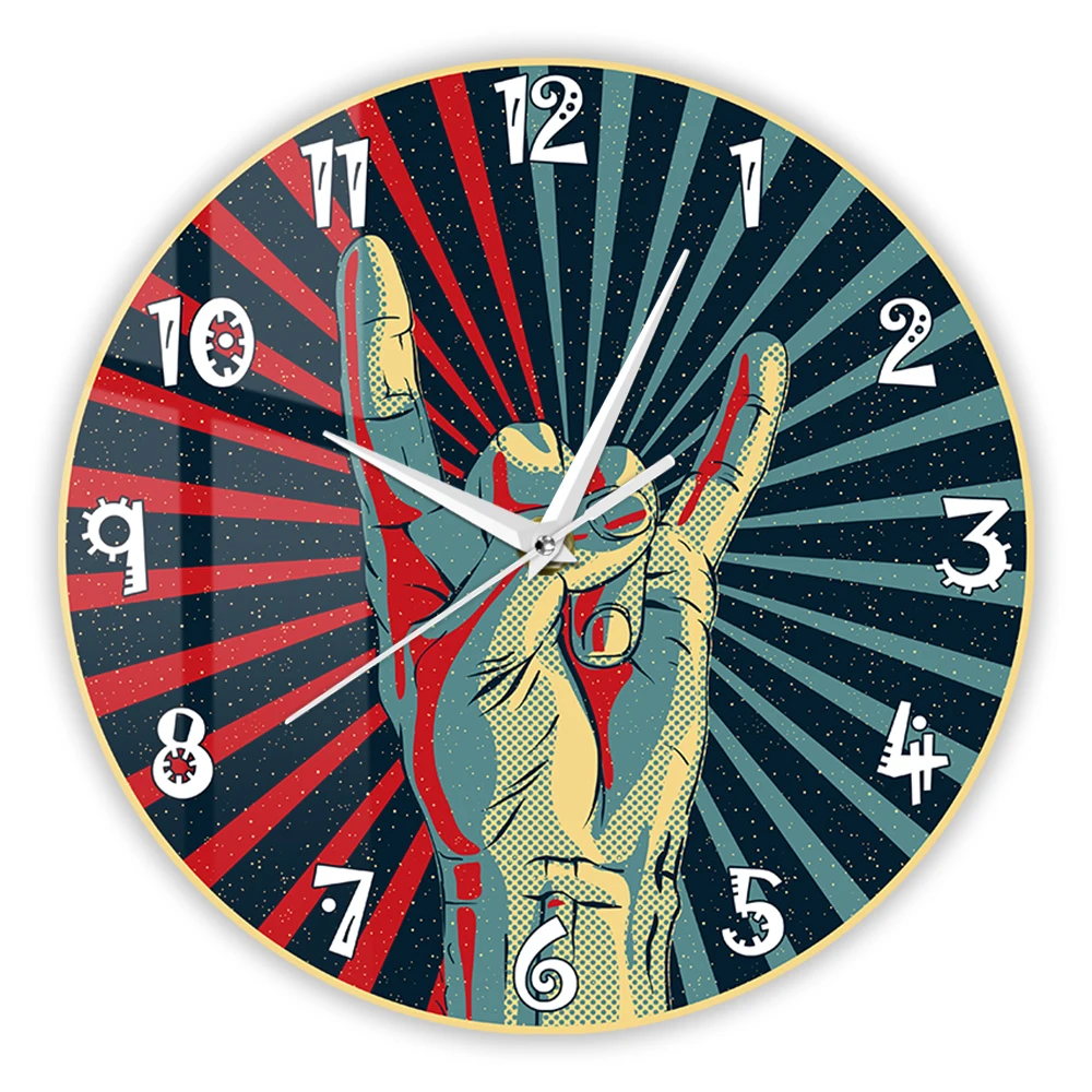 Rock Band Music Themed Wall Clock Rock Hand Sign Retro Wall Clock Rock and Roll Sign Hand Musician Home Decor Silent Wall Clock