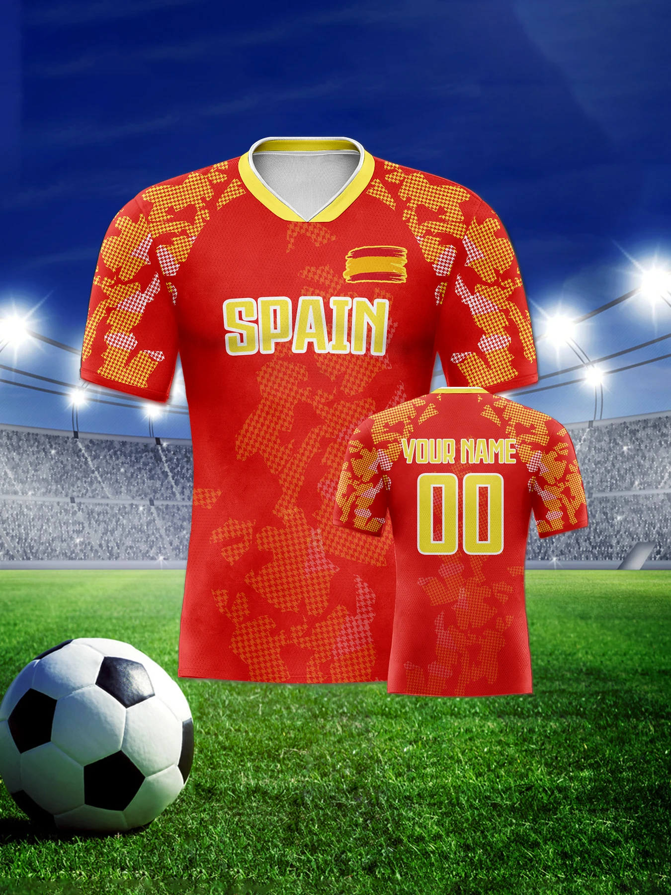 Customized Spain Soccer Jersey Personalized Name Number, National Team Football Shirt V-Neck Flag Design for Men Kids Women