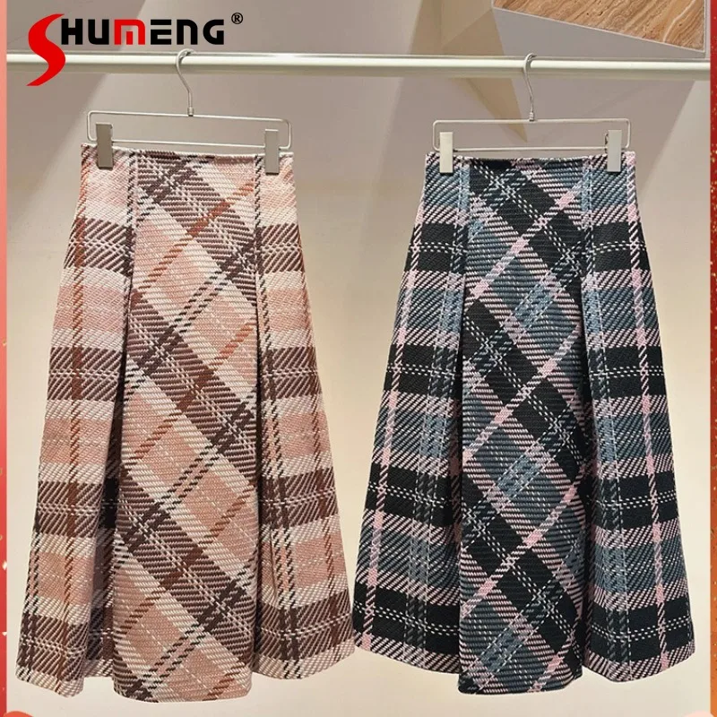 

2024 autumn new women's clothing high waist medium and long pleated A word classic plaid skirt