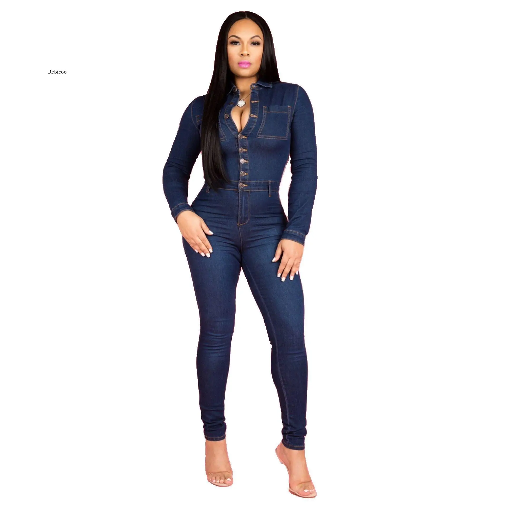 

New Oversize Jean Jumpsuit Overalls Free Upmarket High Quality Solid Full Sleeve Button Women Skinny Jumpsuits