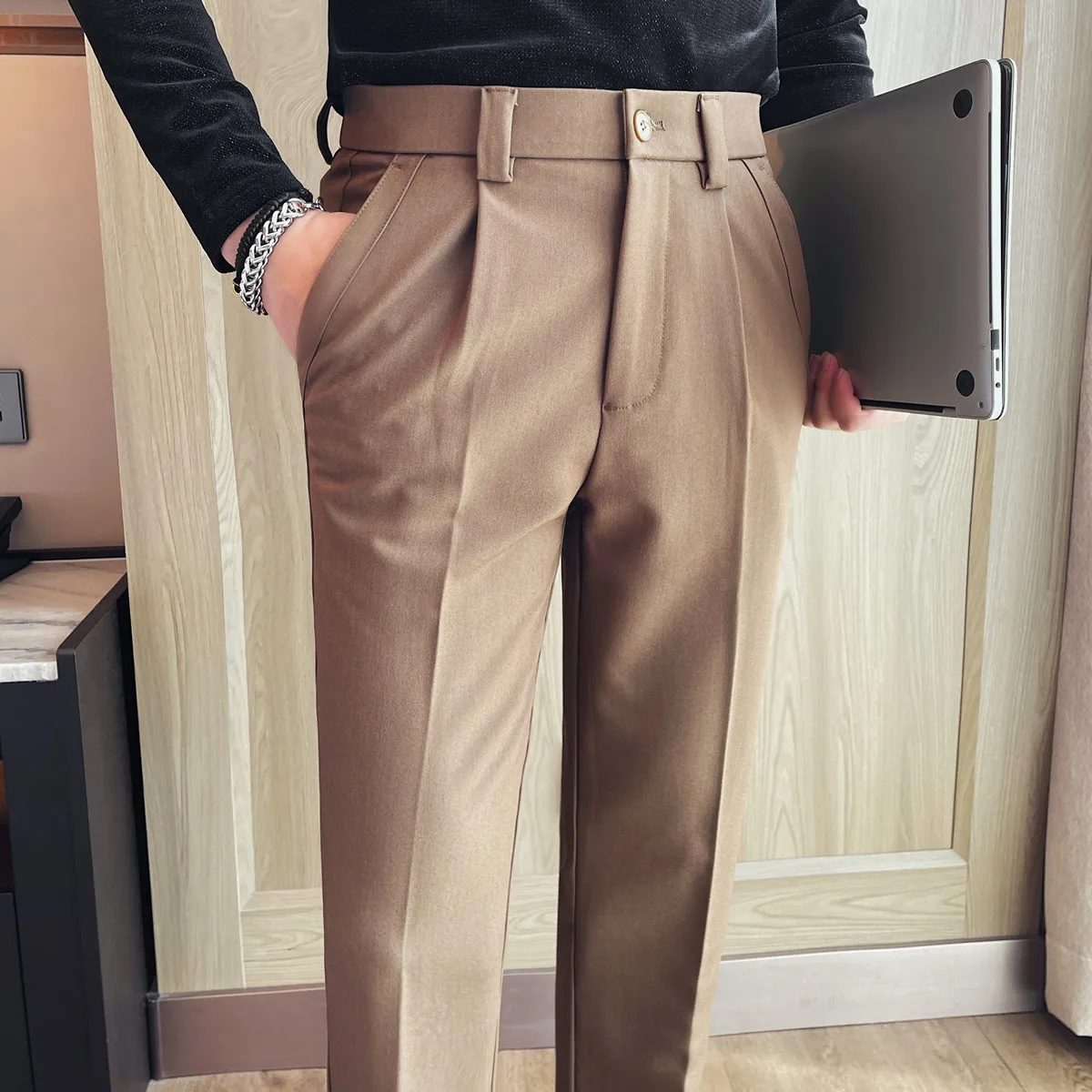 

Pantalones Hombre, мужские брюки высокого качества, повседневные однотонные деловые деловые брюки, облегающие мужские брюки полной длины, универсальные