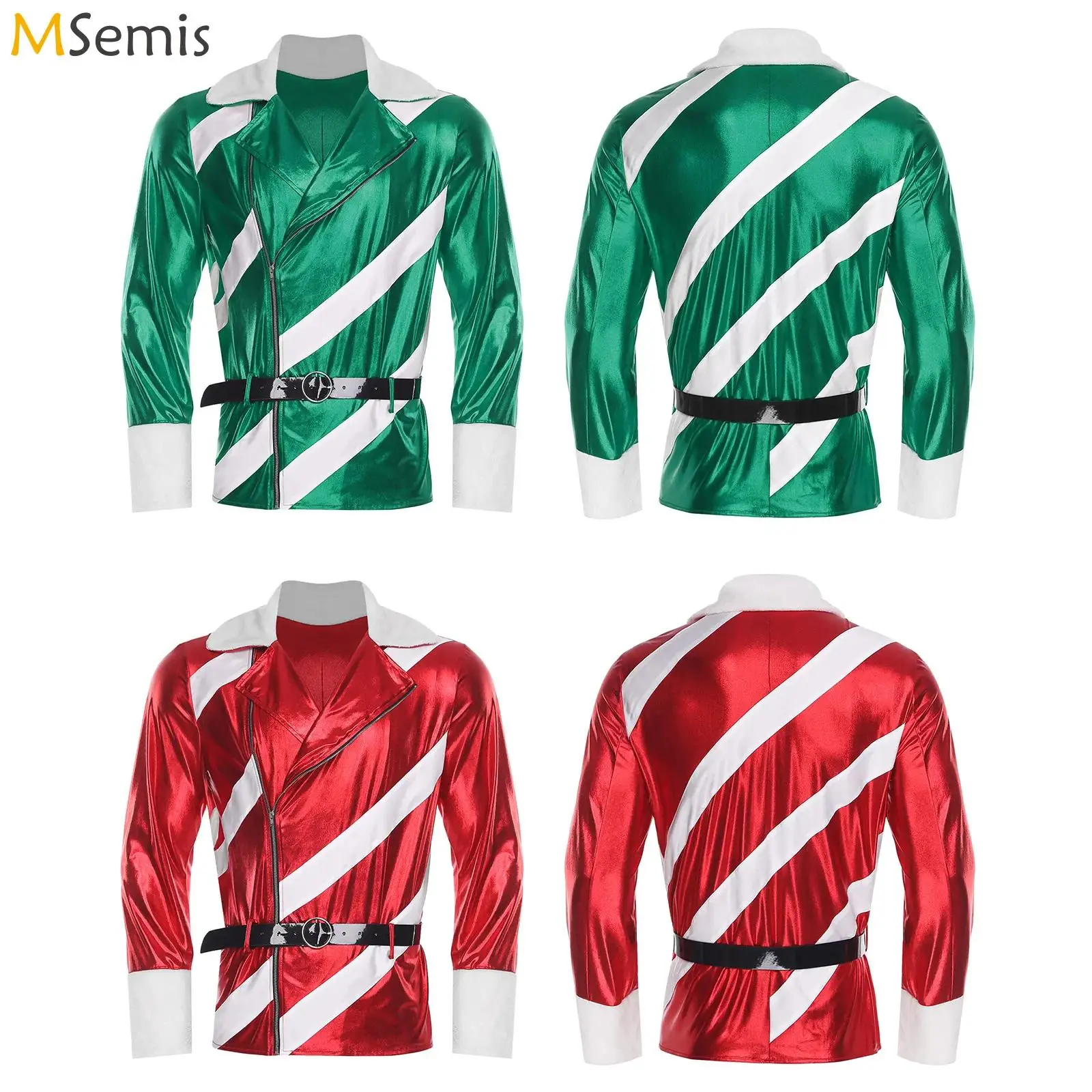 

Mens Christmas Xmas Cosplay Costume Metallic Coat with Adjustable Faux Leather Belt Long Sleeve Red Santa Claus Jacket Tops
