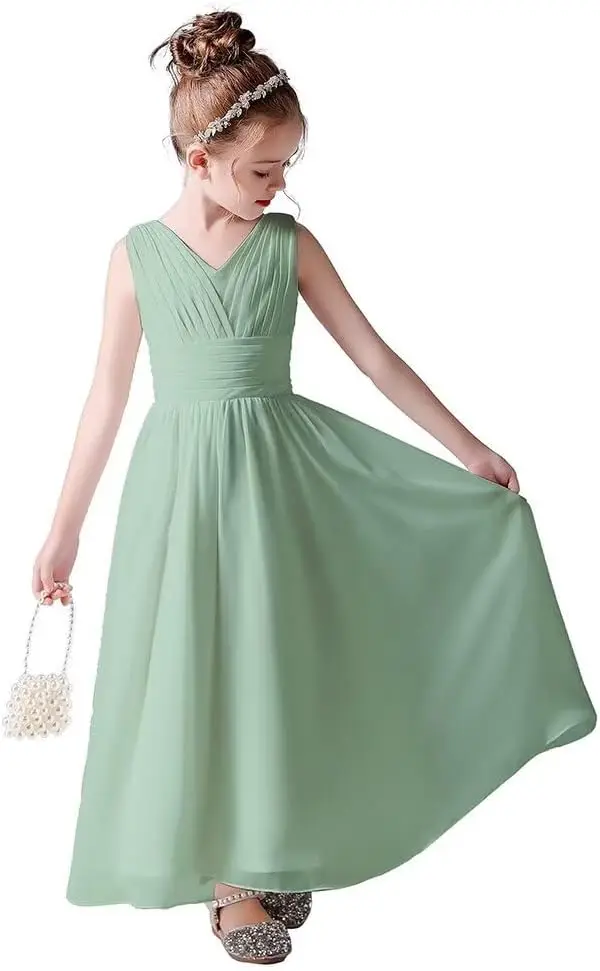 ชุดเดรสเด็กผู้หญิง ชุดเดรสยาวผ้าชีฟองสำหรับงานแต่งงาน ชุดเพื่อนเจ้าสาวรุ่นเยาว์ ชุดเดรสแขนกุด ชุดเดรสเด็กถือดอกไม้