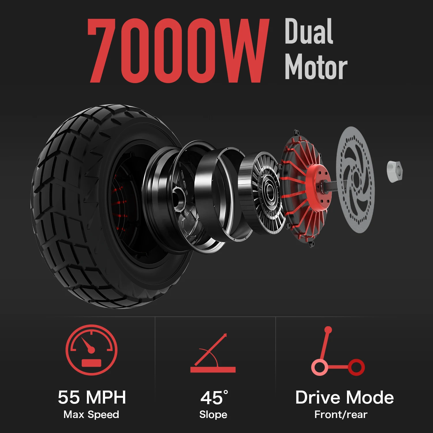 GD82 7000W Dual Motors Electric Scooter 55MPH Max Speed 60V36Ah Battery 60 Miles Long Range BMS Smart Protection Dual Shock Absorbers Front&Rear Disc Brakes Dual Charging Ports 12