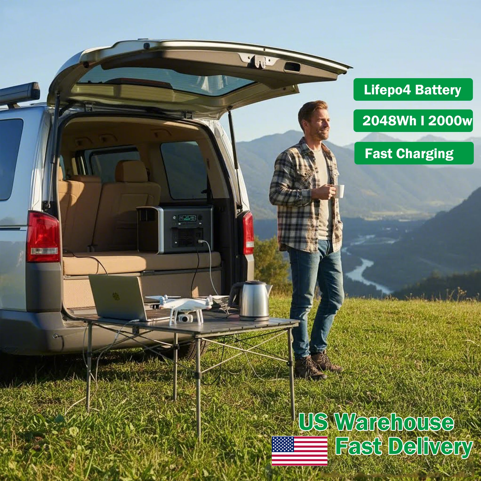 

Портативная электростанция, аккумулятор LiFePO4 2048 Вт·ч/быстрая зарядка, выход переменного тока до 2000 Вт для кемпинга/автодомов/домашнего использования