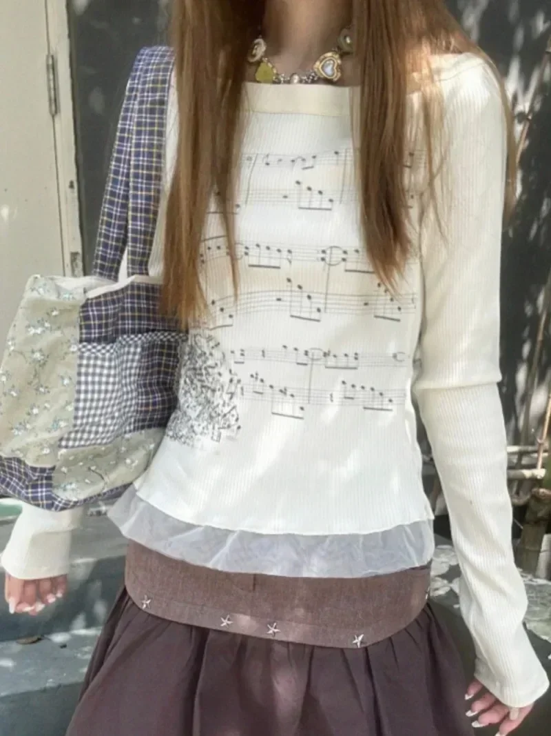 Damen Langarm Top Baumwolle T-Shirts Musik Partitur Print Y2k Tops Grafik T-Shirt Trend Slim T-Shirts für Frau Fee Kleidung E-Girl