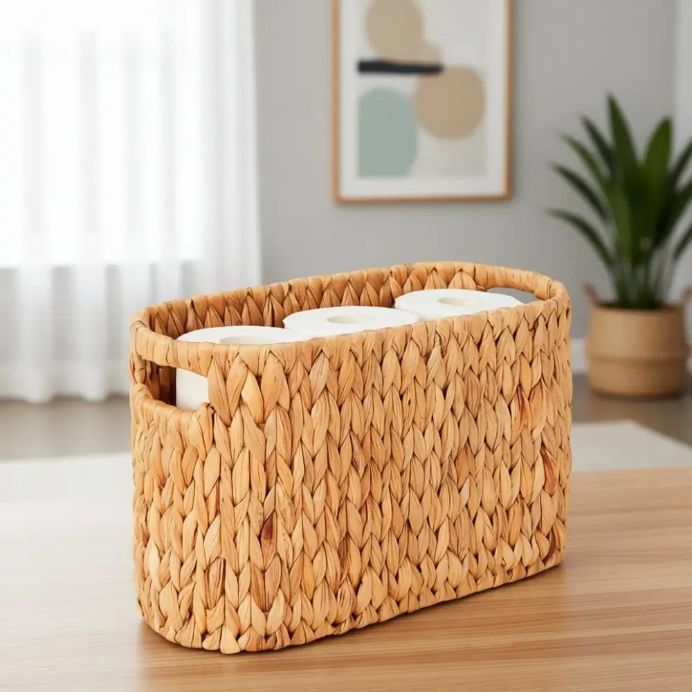 

Плетеная вручную корзина для туалетной бумаги на 6 рулонов из натурального водяного гиацинта с встроенными ручками