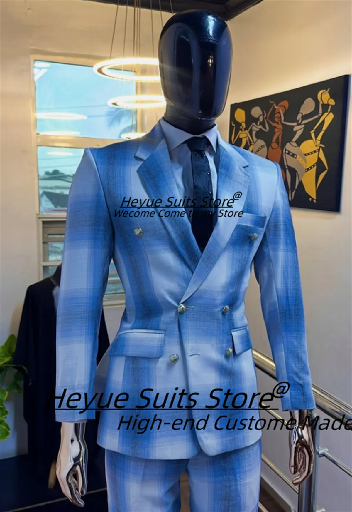 

Business Handsome Plaid Men Suits Customized Slim Fit Double Breasted Groom Wedding Tuxedos Casual 2 Pieces Sets Costume Homme