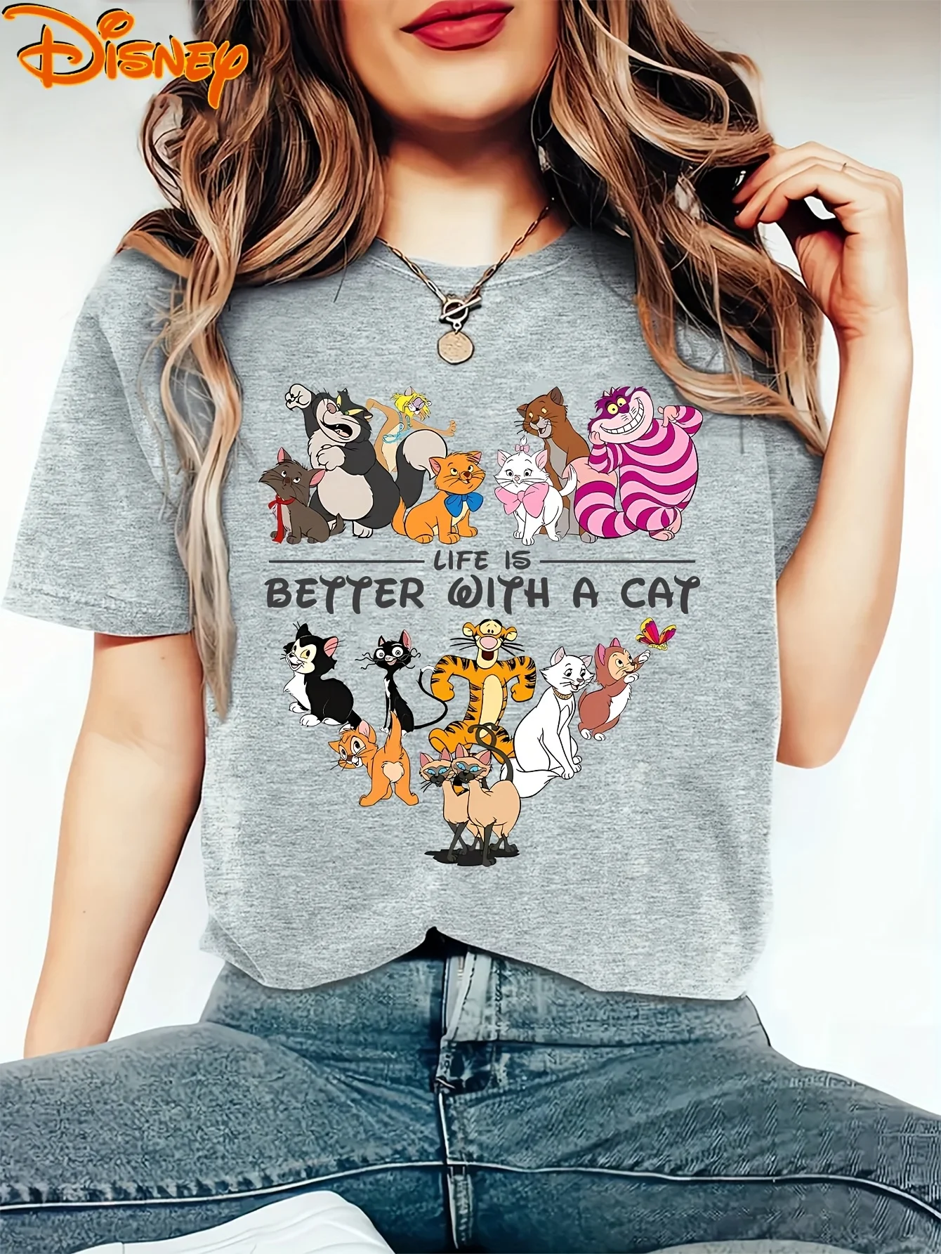 Camiseta oficial de Disney para mujer, camiseta rosa Pastel Vintage, camiseta informal rosa suave para amantes de los gatos, trajes de vacaciones diarios