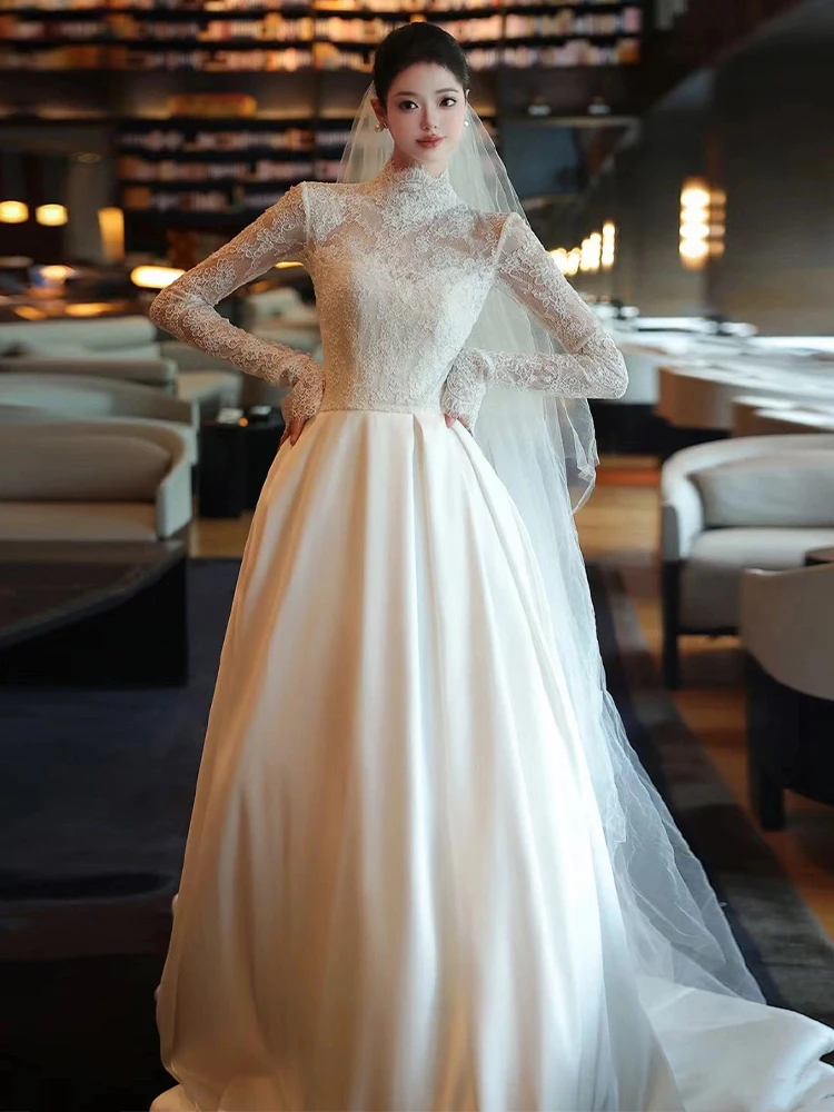 

Элегантное свадебное платье из чистого белого кружева 2025 года, новое, из атласной ткани, для помолвки и торжественных церемоний, с длинным шлейфом, класса люкс