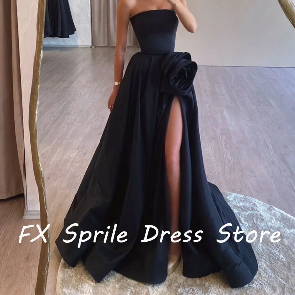 A-Line Strapless Sleeveless Backless Satin Floor Length Sweep Train Side Slit Flowers Zipper Back Custom Size Evening Dress 2024