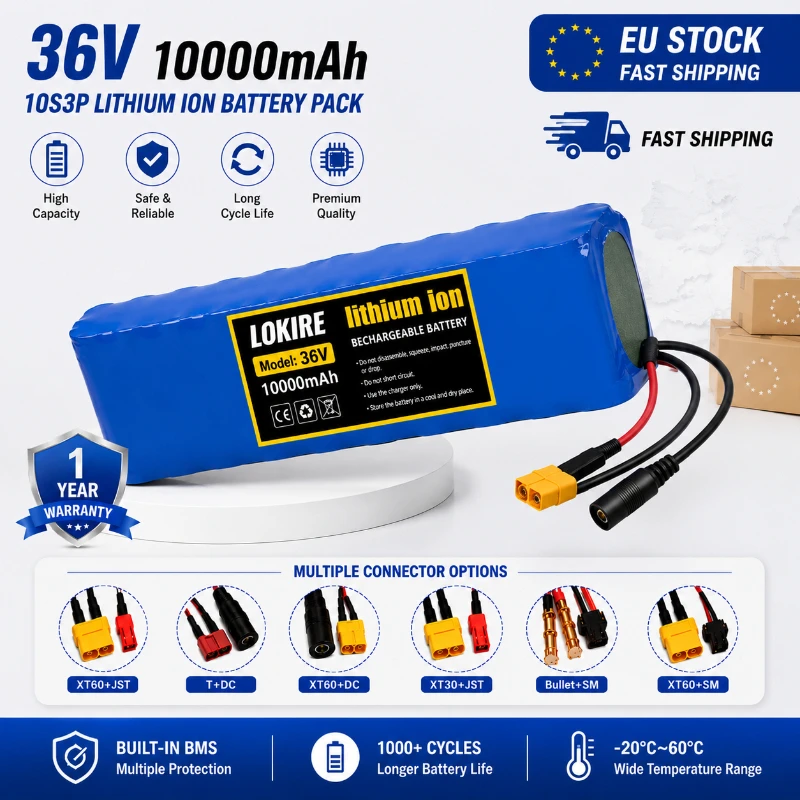 Batterie lithium-ion 10S3P 36V 10000mAh 18650 rechargeable pour trottinette électrique, vélo électrique, moteur 1000W, batterie de remplacement avec protection BMS intelligente contre les surcharges, les décharges excessives et les courts-circuits, sécurité, entrepôt UE, livraison rapide, longue durée de vie