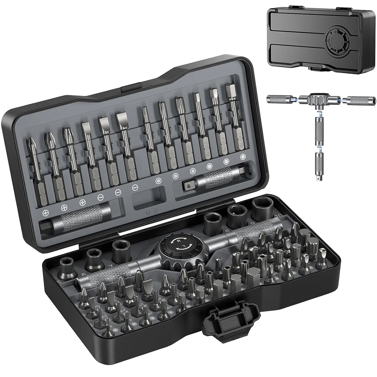 69 in 1 Magnetic Screwdriver Set with 4 Handles Ratcheting Screwdriver Set S2 Steel Bits Precision & T-Handle Multi Bit Tool Kit